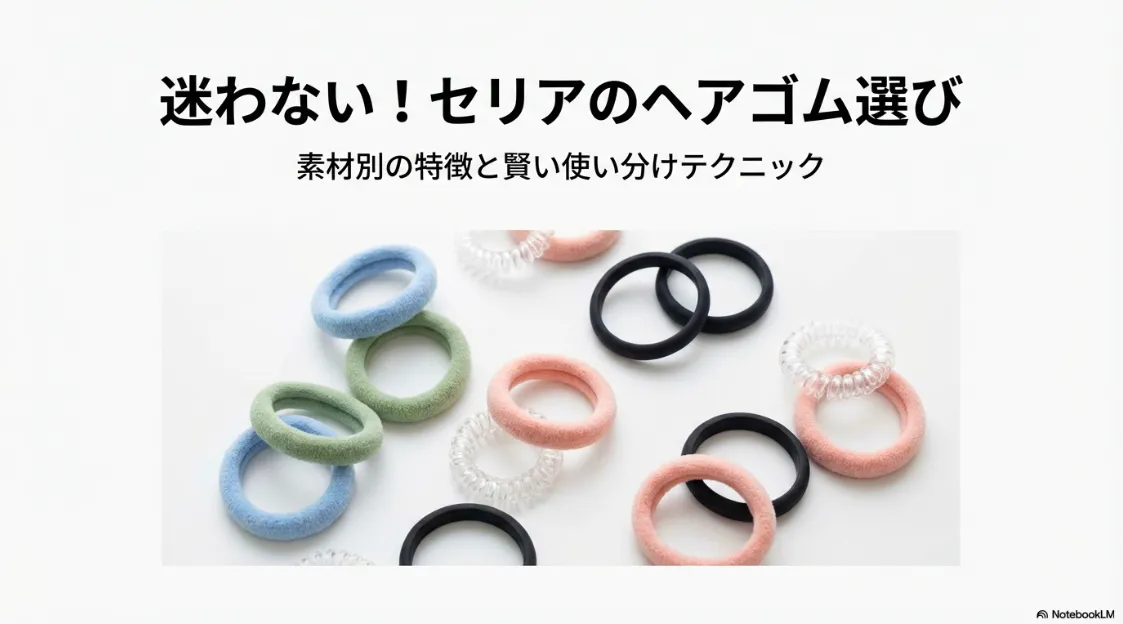 セリアで買える多種多様なヘアゴムの集合写真とタイトルテキスト