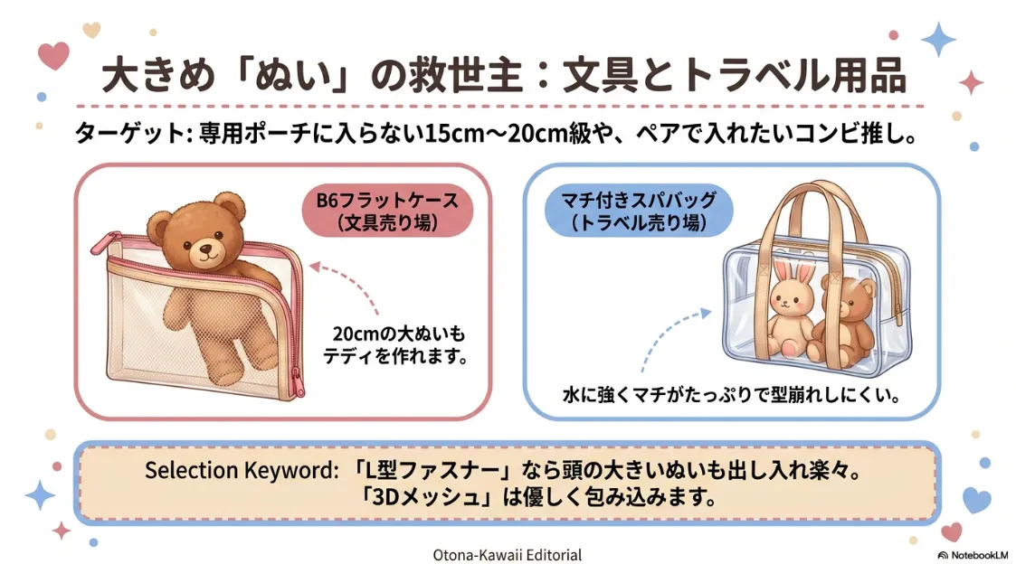 15〜20cm級の大きいぬいやペア収納に最適な、文具売り場のB6ケースやトラベル売り場のスパバッグ活用