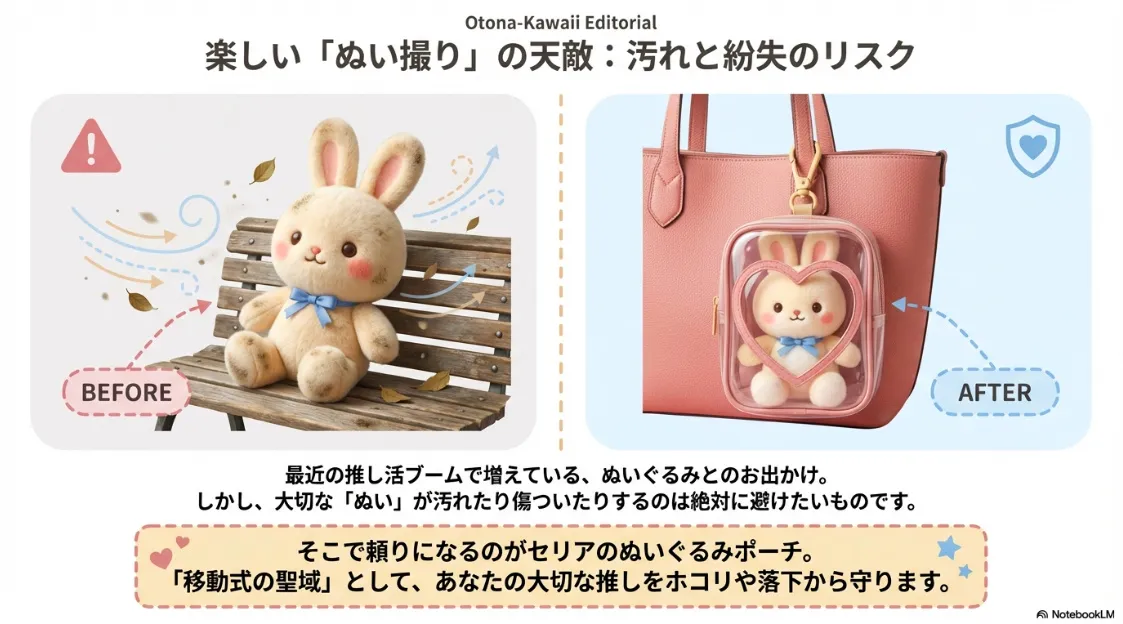 外出で汚れたぬいぐるみのBefore画像と、セリアのハート窓ポーチで保護しバッグに装着したAfter画像の比較
