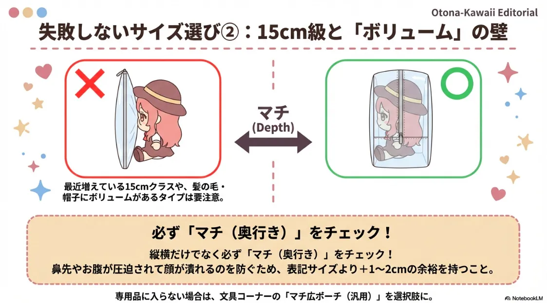 9cm・10cm・15cm級それぞれの推奨ポーチと、顔が潰れないようマチ(奥行き)をチェックする重要性の解説