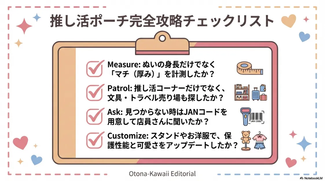 サイズ計測、店内パトロール、JANコード確認、カスタム実施の4項目をまとめた最終確認リスト