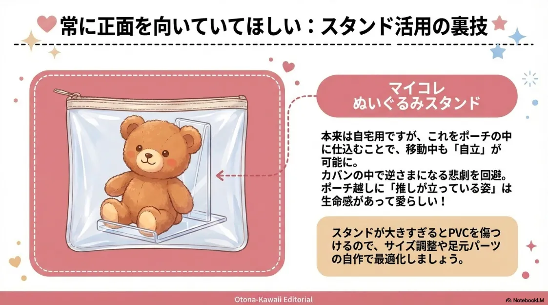 マイコレぬいぐるみスタンドをポーチの中に仕込み、カバンの中でもぬいぐるみを正面に向けて自立させる方法