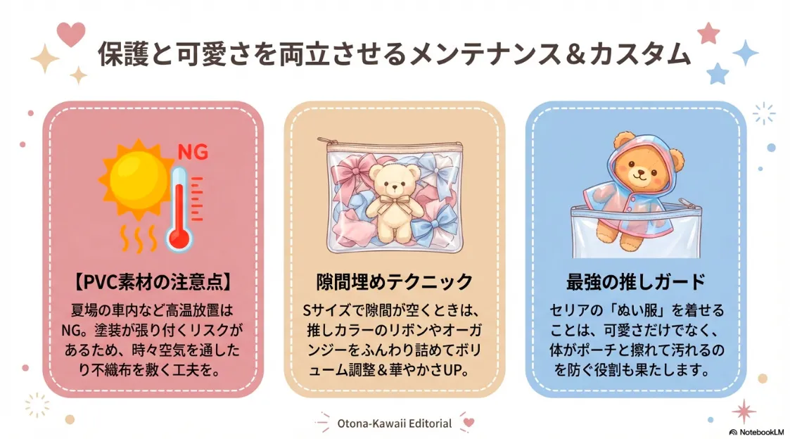 PVC素材の高温放置注意、リボンでの隙間埋め、汚れを防ぐ「ぬい服」活用のメンテナンスとカスタムのポイント