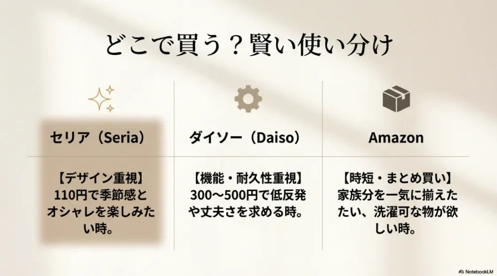 デザインのセリア、機能のダイソー、利便性のAmazonという賢い選び方の比較