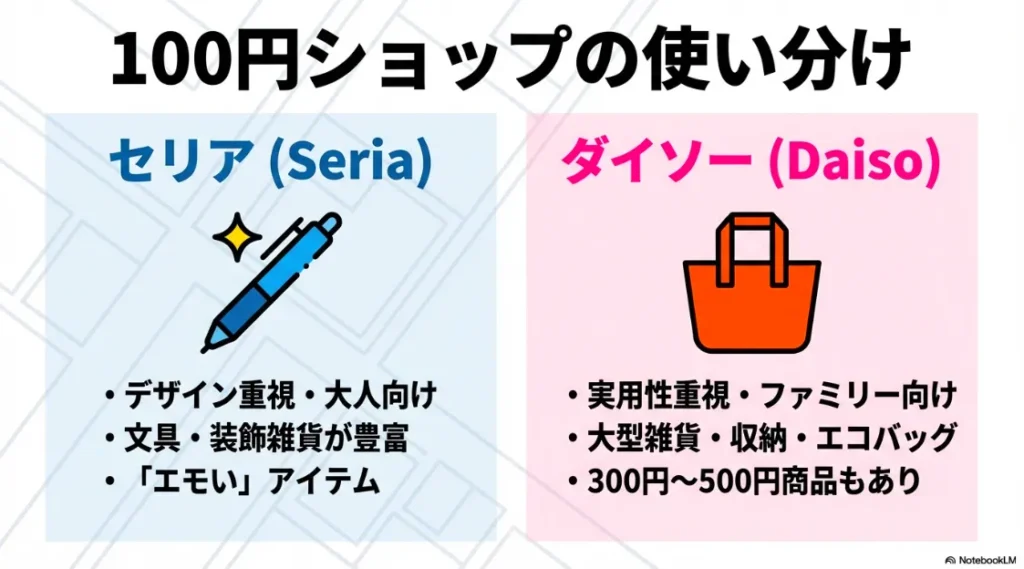 デザイン重視のセリアと、実用性重視で大型雑貨も揃うダイソーのターゲット層や特徴の違いを比較した図解