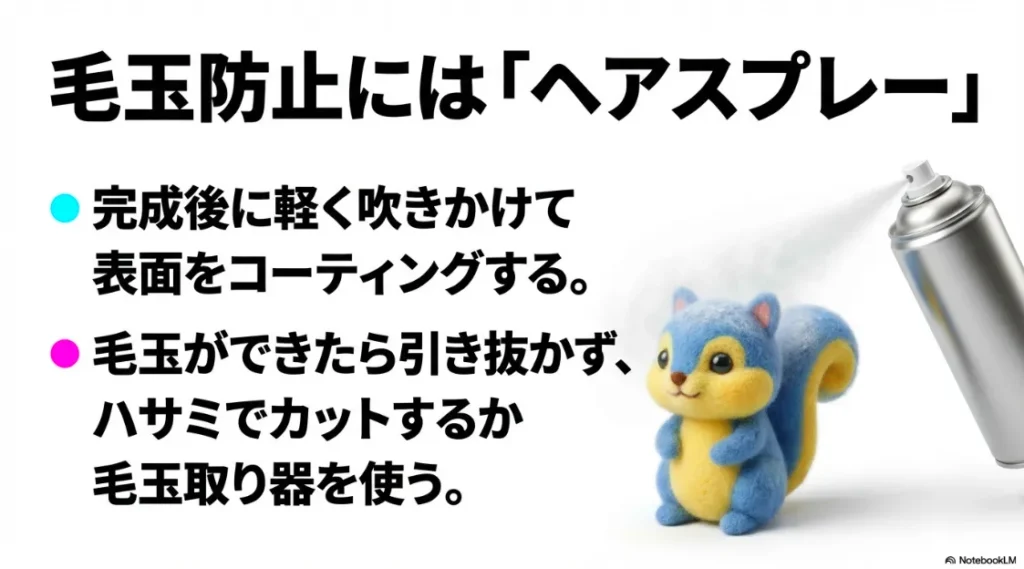 ヘアスプレーでの表面コーティングによる毛玉防止策と、できた時のハサミでのカット方法