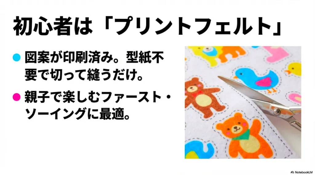 型紙不要で切って縫うだけのプリントフェルト。親子でのファーストソーイングに最適