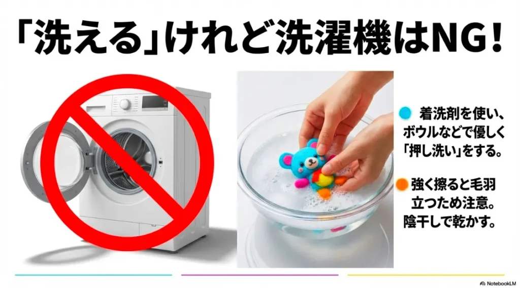 洗濯機はNG。ボウルと中性洗剤を使い、優しく押し洗いして陰干しする方法の図解