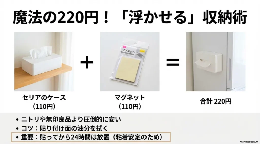 110円のケースとマグネットを組み合わせて浮かせる収納を作る手順