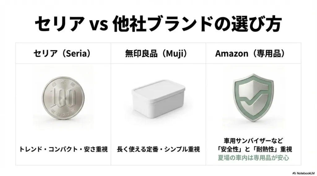 安さ重視のセリア、シンプル重視の無印、安全・耐熱性重視のAmazon専用品の比較