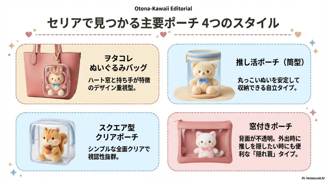 ヲタコレぬいぐるみバッグ、筒型ポーチ、スクエア型クリアポーチ、窓付きポーチの4種類のデザインと特徴の比較