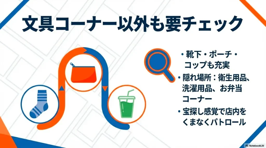 衛生用品、洗濯用品、お弁当コーナーなど、文具以外の売り場に隠れたアイテムを探す宝探し感覚の提案