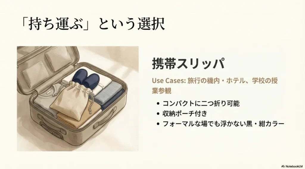 二つ折り可能でポーチが付いた、学校行事や旅行に最適な携帯スリッパ