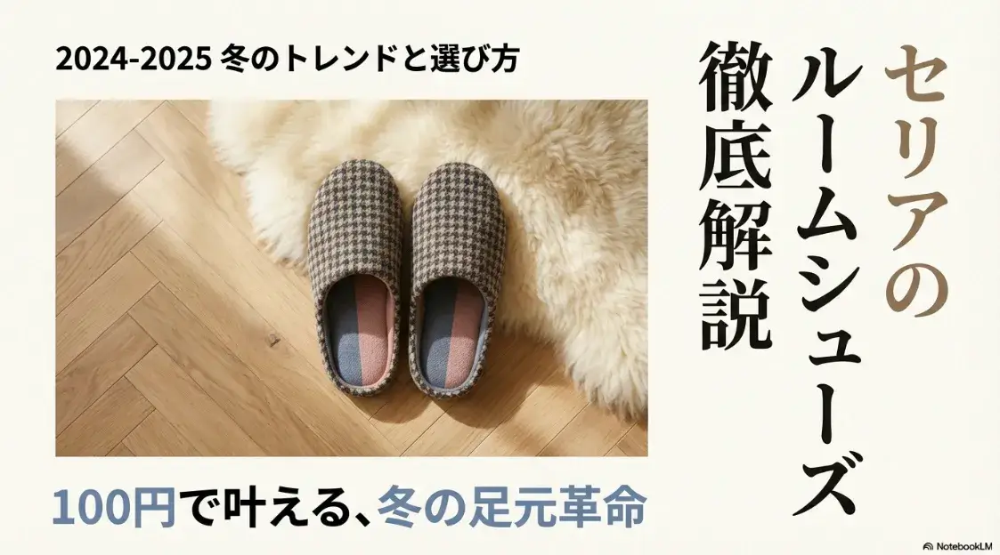 セリアのルームシューズ、冬のトレンドと選び方の解説スライド表紙
