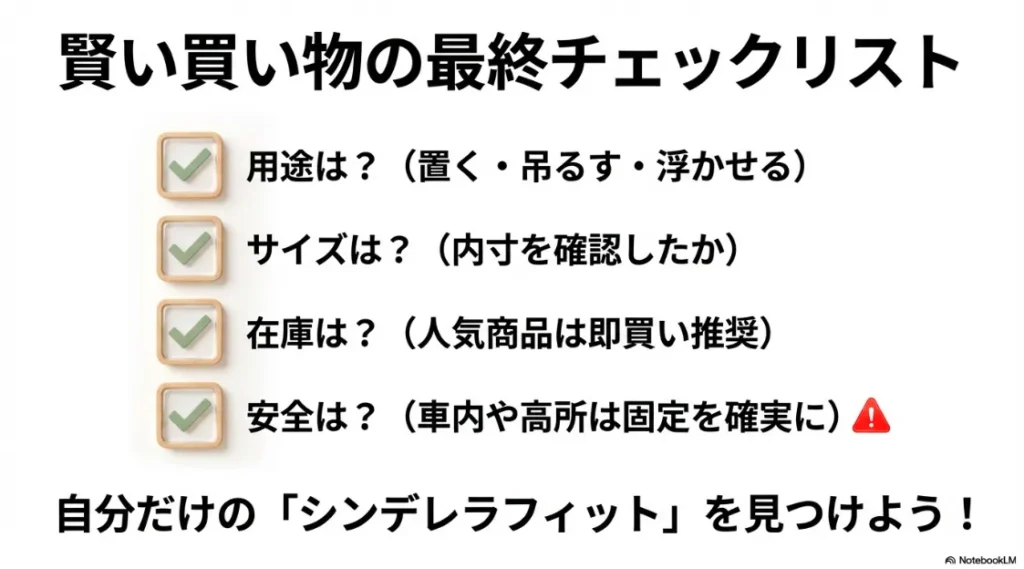 購入前に確認すべき用途、サイズ、在庫、安全の4項目チェックリスト