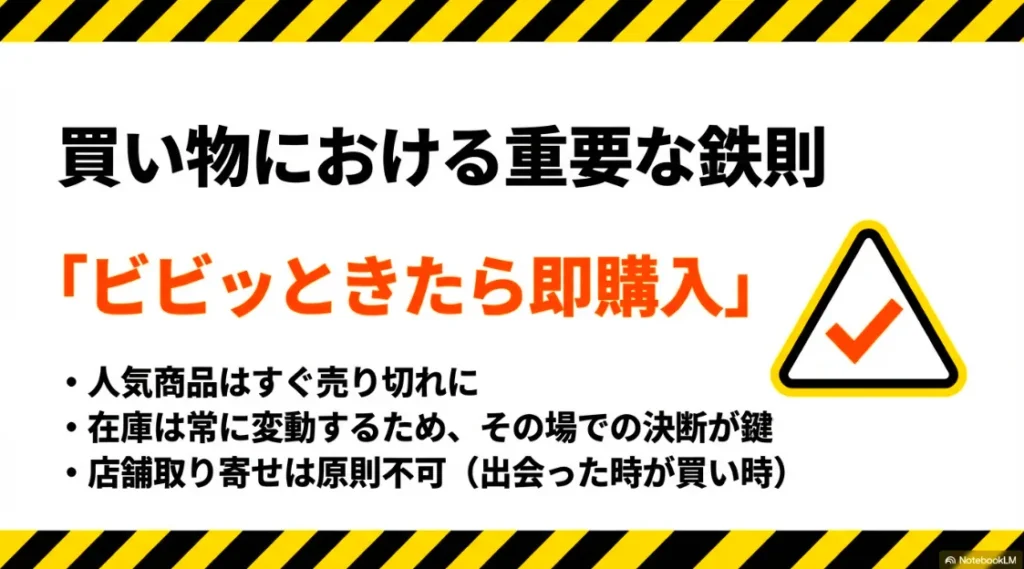 人気商品は即売り切れ、在庫変動あり、店舗取り寄せ不可のため「ビビッときたら即購入」を勧める案内