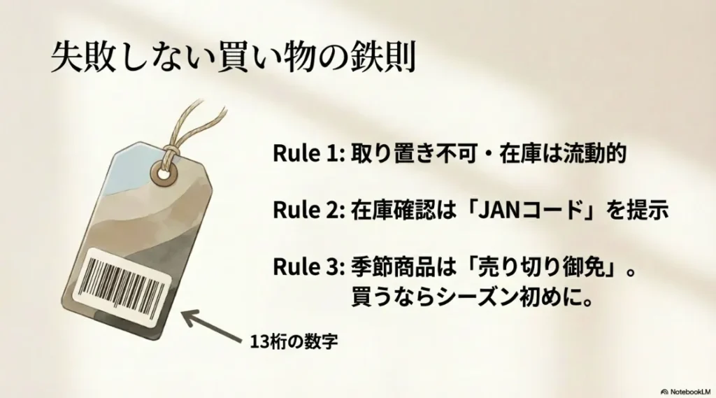 在庫確認に不可欠なJANコード提示と、季節商品の売り切り注意点