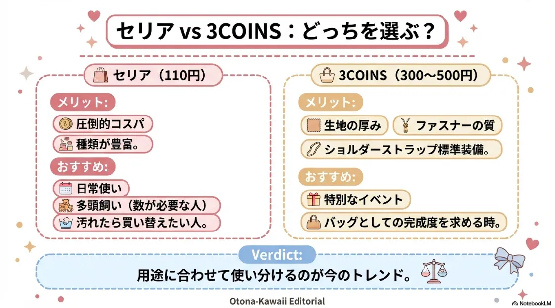 コスパと種類豊富なセリア(110円)と、品質・ショルダーストラップ付きのスリコ(300円〜)の使い分け解説