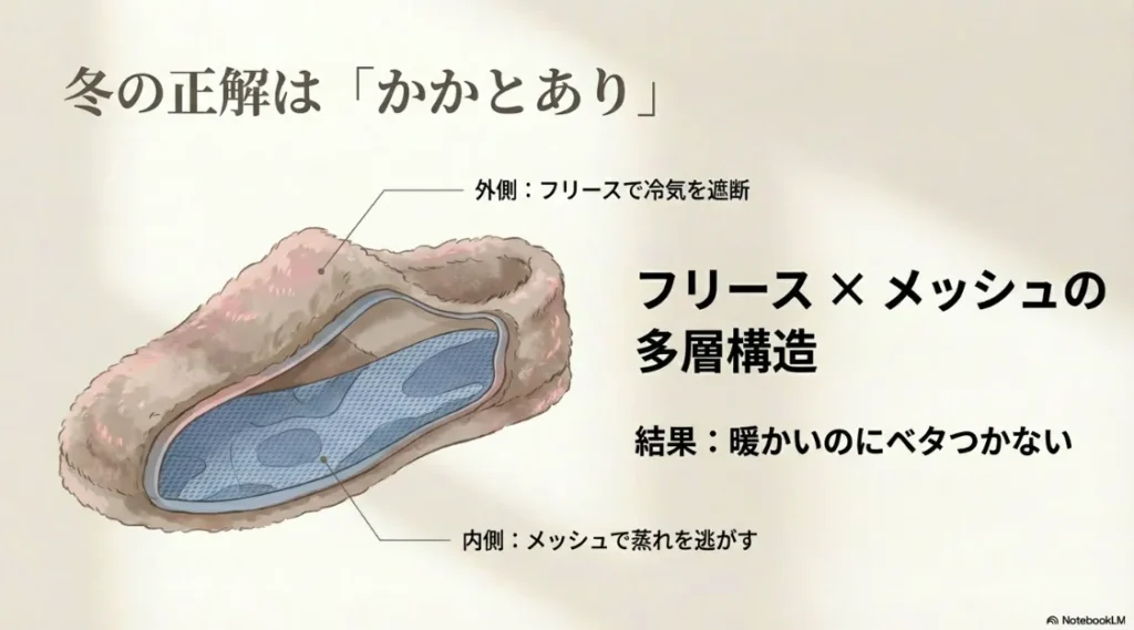 フリースとメッシュで暖かいのに蒸れにくい、セリアのルームシューズの構造図