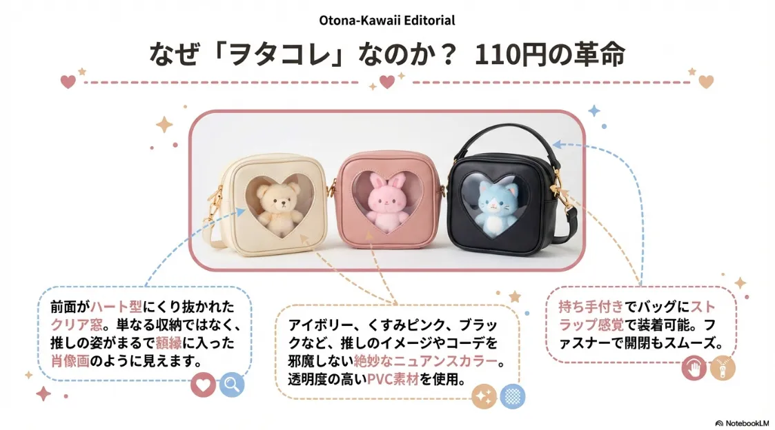 前面のハート型クリア窓、アイボリーやくすみピンクなどのニュアンスカラー、持ち手とファスナーの利便性を解説した図解