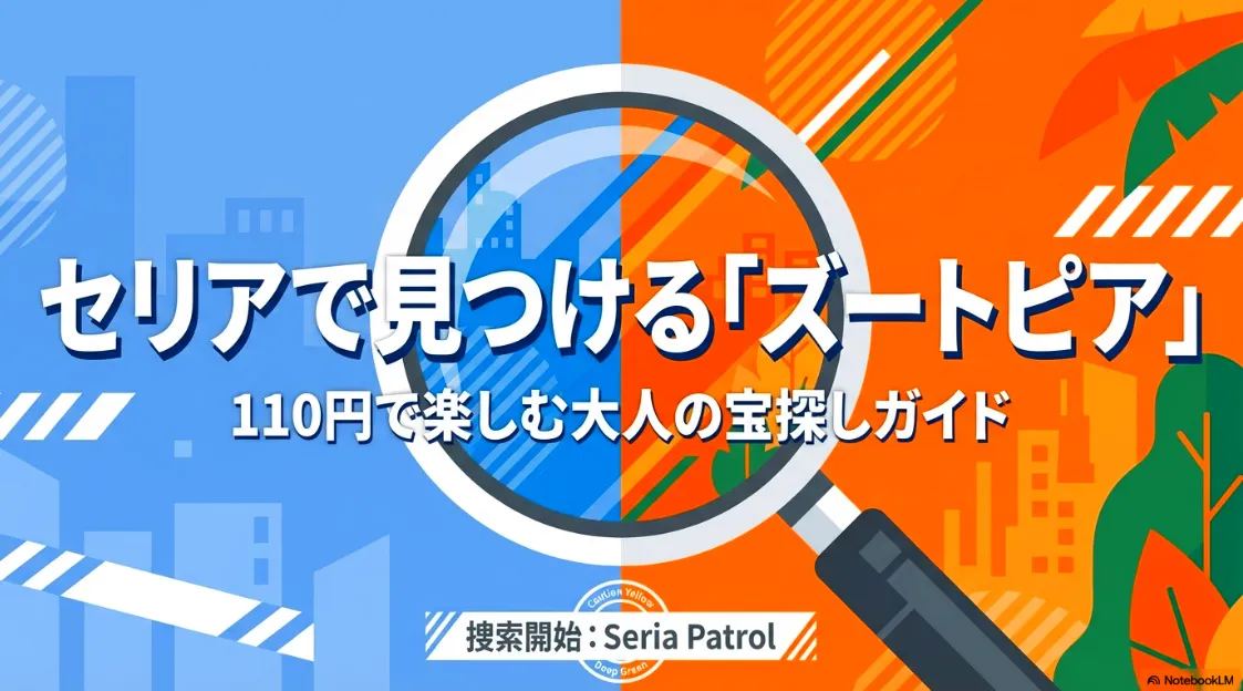 青とオレンジの背景に「捜索開始：Seria Patrol」と書かれた、110円で楽しむ大人の宝探しガイドの表紙