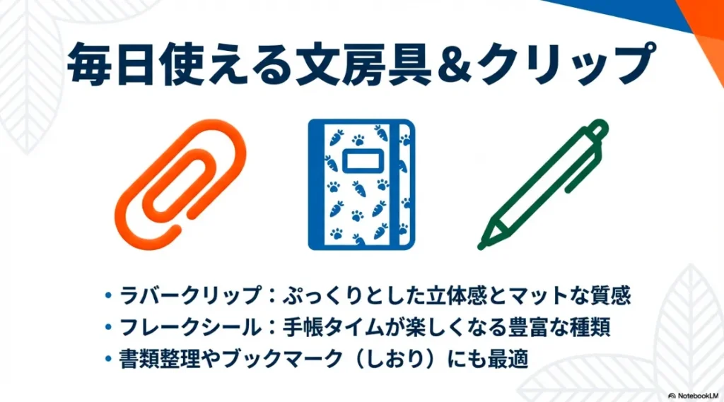 ぷっくりした立体のラバークリップや、手帳タイムを彩る豊富なフレークシール、書類整理への活用提案