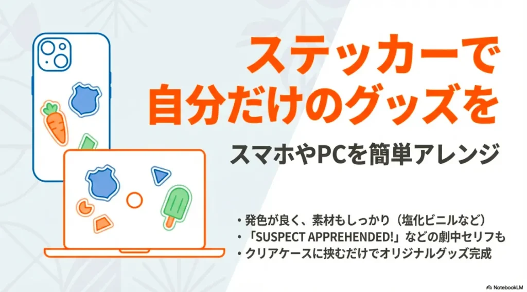 スマホやPCのデコレーションに最適な、発色が良く素材もしっかりした塩化ビニル製ステッカーの紹