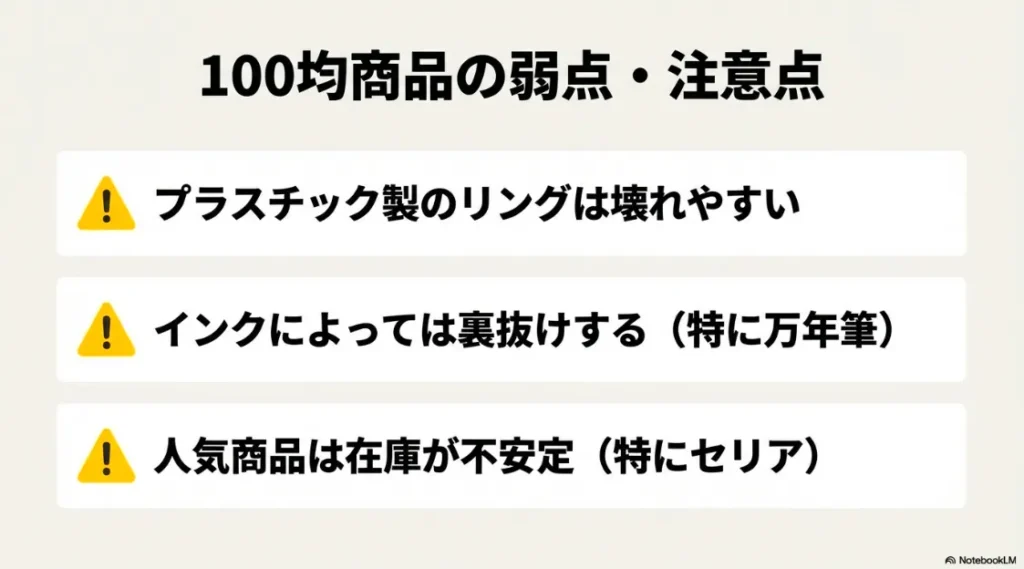 プラスチックリングの耐久性やインクの裏抜け、在庫状況に関する注意