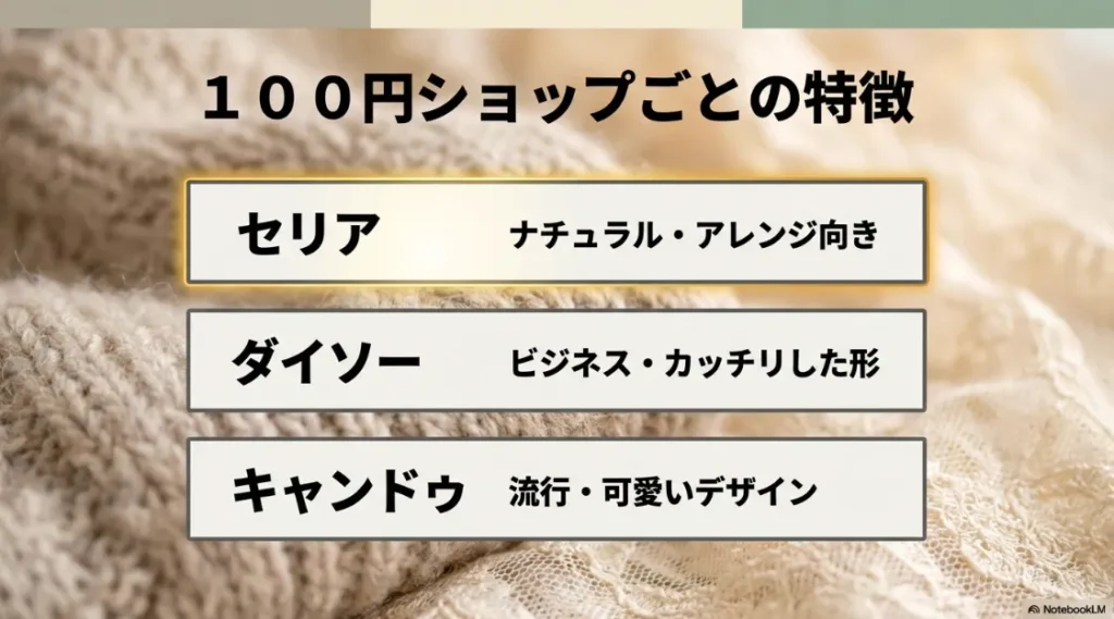 各100円ショップ（セリア、ダイソー、キャンドゥ）のつけ襟のデザイン傾向