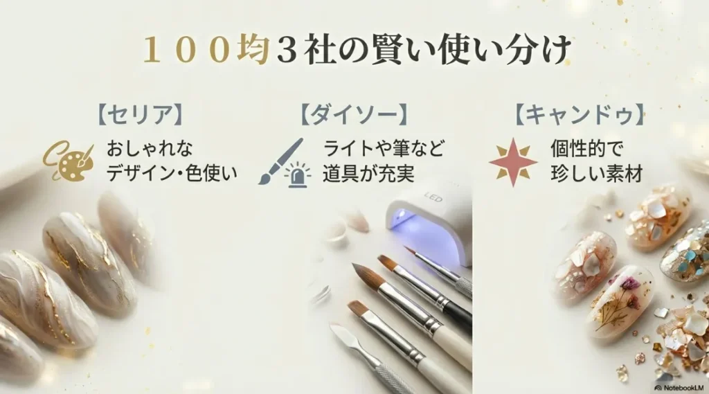 セリア、ダイソー、キャンドゥそれぞれのネイル用品の特徴と使い分け術