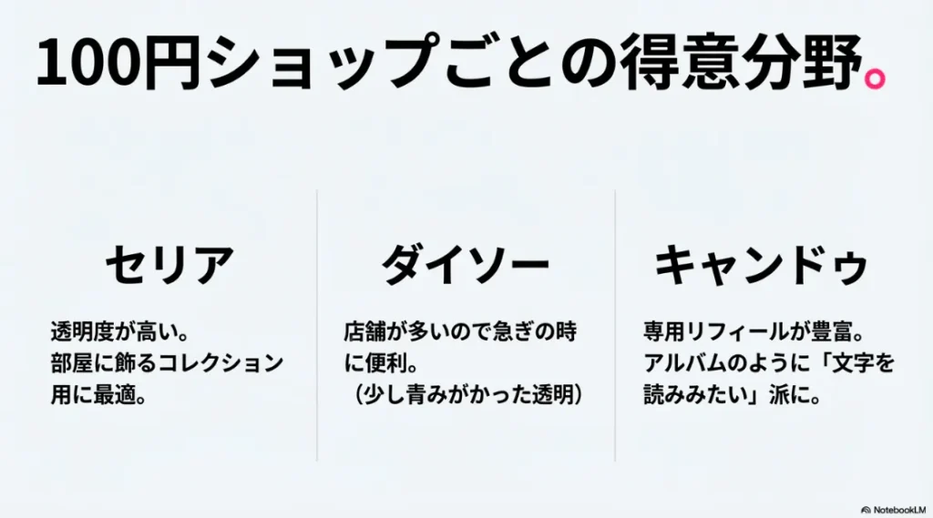 セリア(透明度)、ダイソー(店舗数)、キャンドゥ(リフィール豊富)の各社の得意分野の比較表