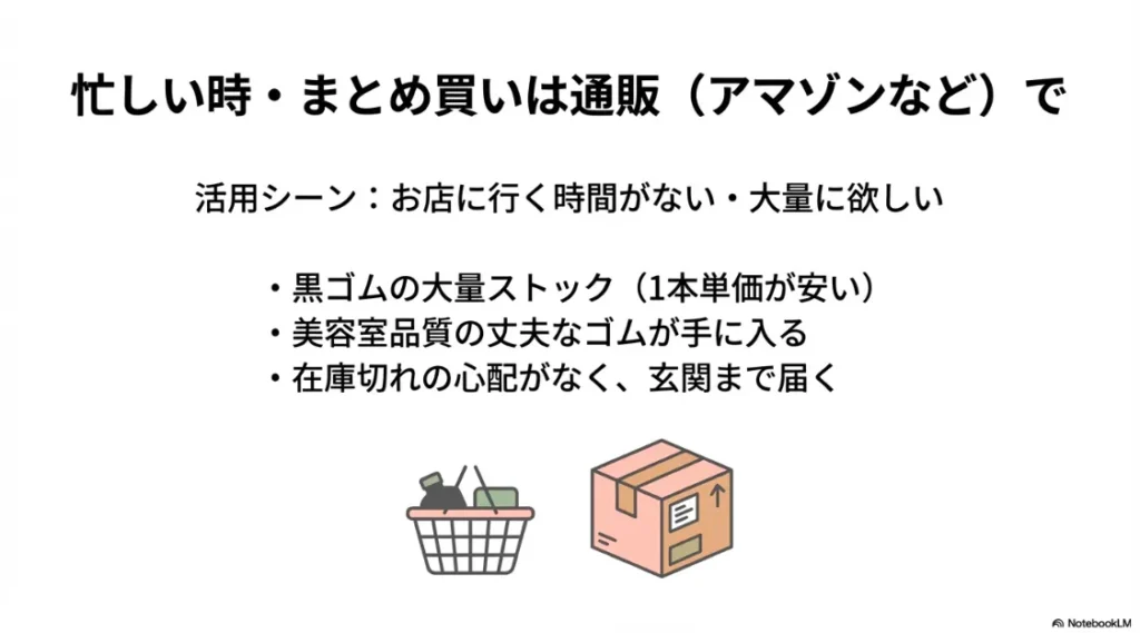 段ボールと買い物カゴのイラスト。Amazon等で黒ゴムを大量ストックするメリット