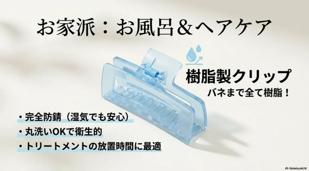 バネまで全て樹脂でできており、錆びずに丸洗い可能なヘアケアに最適なクリップの解説