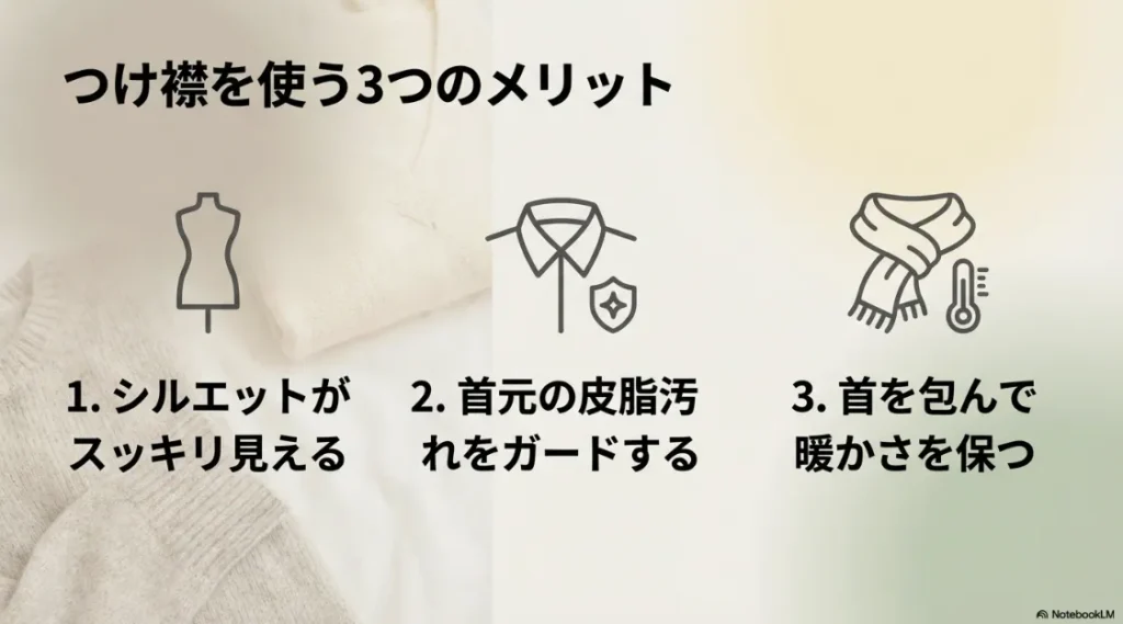 スッキリしたシルエット、首元の汚れガード、暖かさの保持という3大メリット