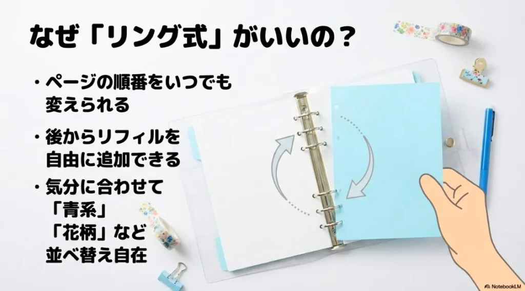 順番変更やリフィルの追加、色や柄別の並べ替えが自在なリング式バインダーのメリット