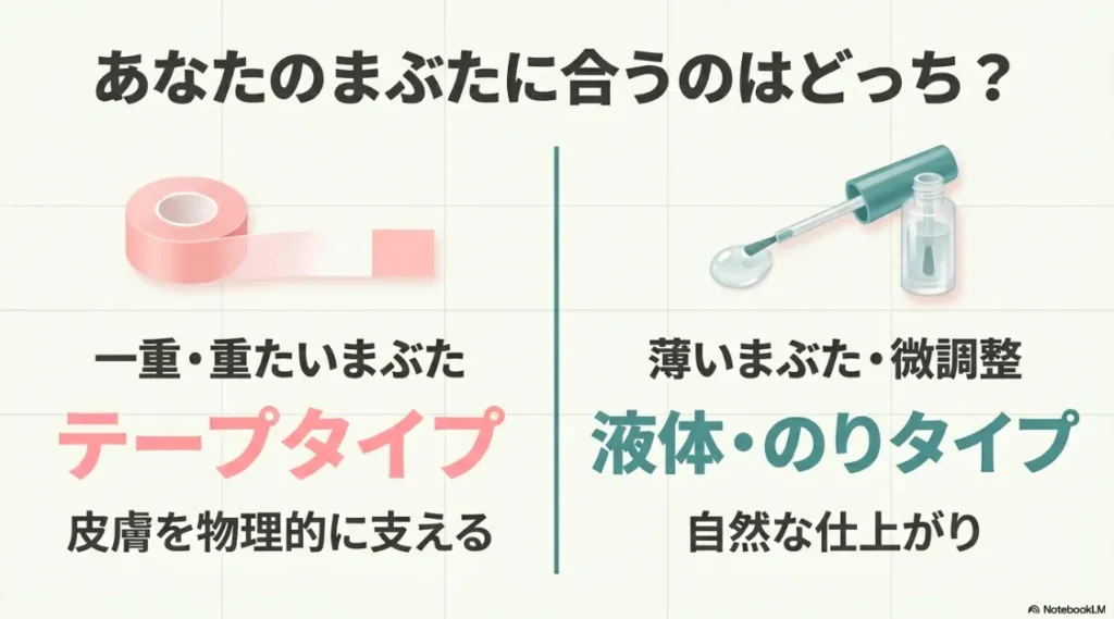 一重・重いまぶたにはテープタイプ、薄いまぶたや微調整には液体・のりタイプが合うという解説