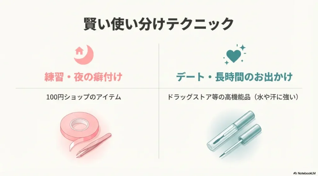 練習や夜の癖付けには100均、デートや長時間のお出かけには高機能品を使い分けるテクニック