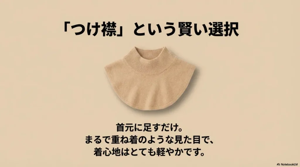 首元に足すだけで重ね着風に見え、着心地が軽やかな「つけ襟」という選択
