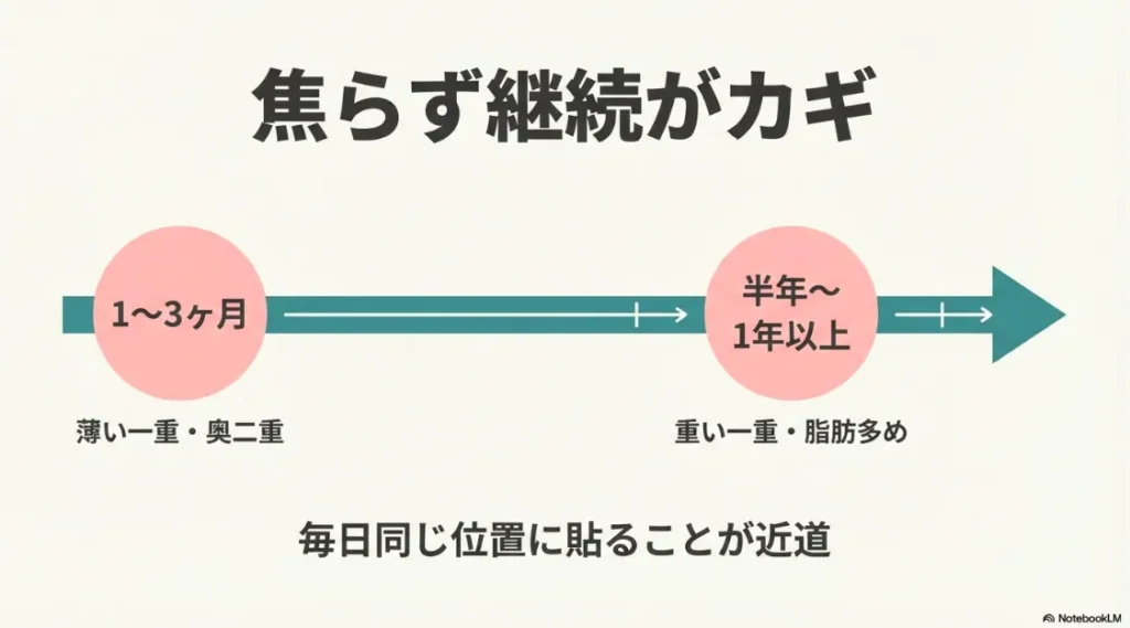 まぶたのタイプに応じた1ヶ月から1年以上の癖付け期間と、継続の重要性の解説