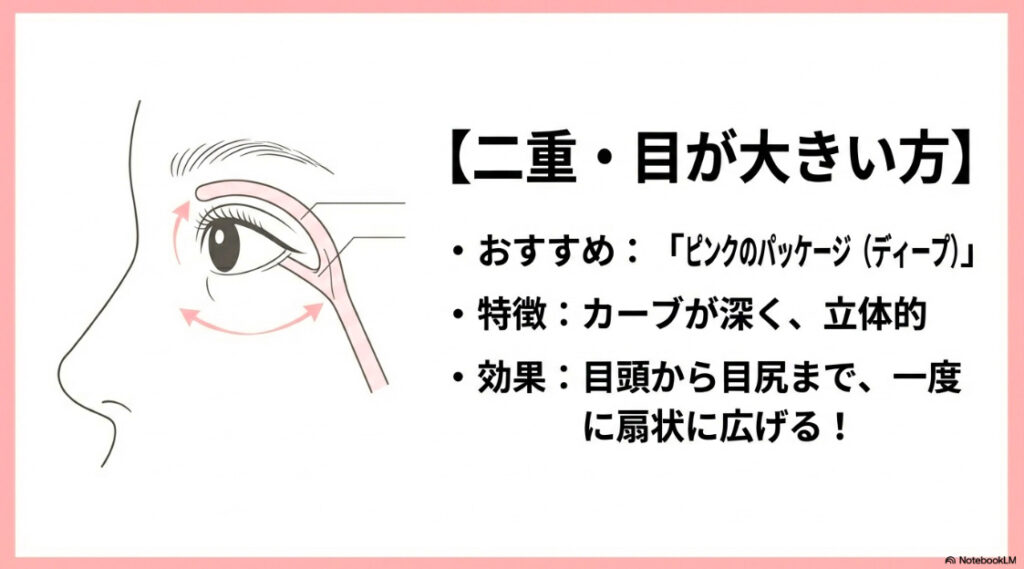 カーブが深く立体的で、目頭から目尻まで一度に扇状に広げるピンクパッケージ（ディープ）のビューラーの解説図