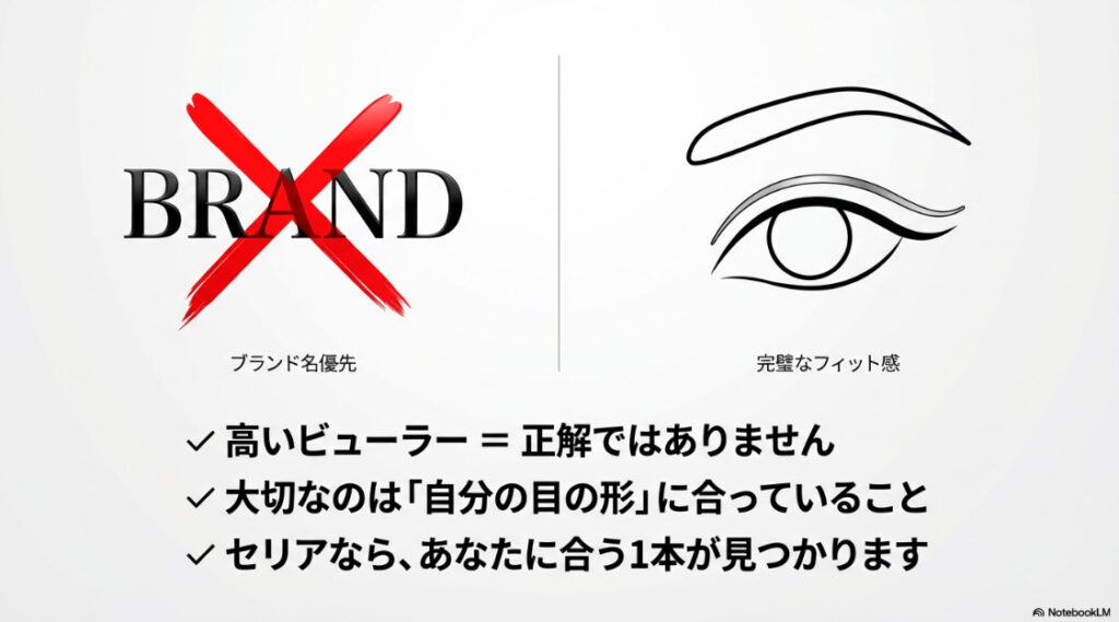 高いビューラーが正解ではなく、自分の目の形に合っていることが重要であると説明し、セリアなら合う1本が見つかると伝えるスライド