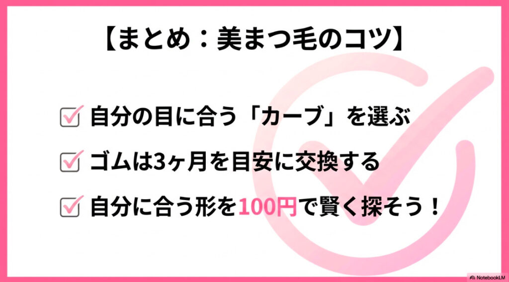 自分の目に合うカーブを選ぶ、ゴムは3ヶ月で交換する、100円で賢く探すという、美まつ毛のための重要ポイントまとめ