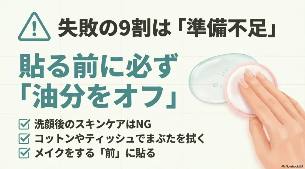 貼る前にまぶたの油分をオフし、メイクの前に使用することの重要性を伝える注意書き
