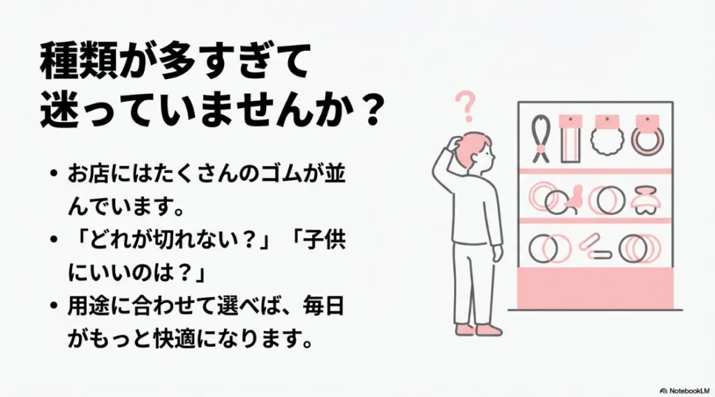 「種類が多すぎて迷っていませんか?」という問いかけと、用途に合わせた選び方のメリット