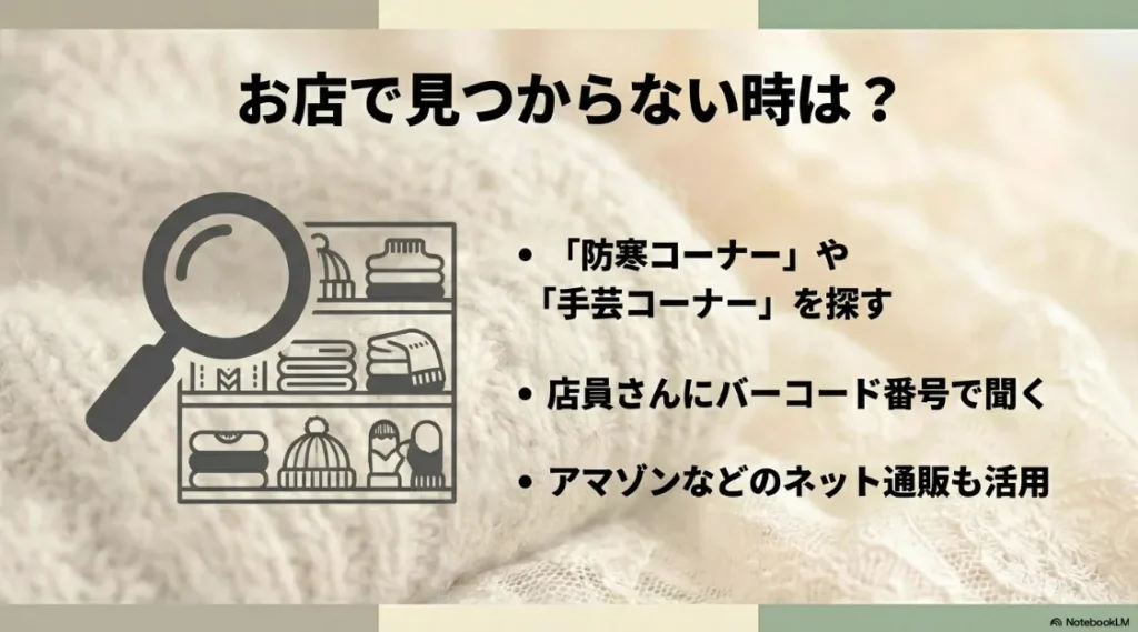 防寒・手芸コーナーの確認やバーコード番号での問い合わせ、ネット通販の活用