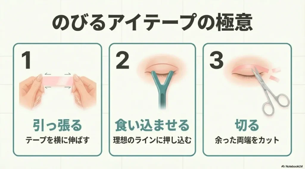 テープを横に引っ張り、理想のラインに押し込み、余った端を切る3ステップの解説