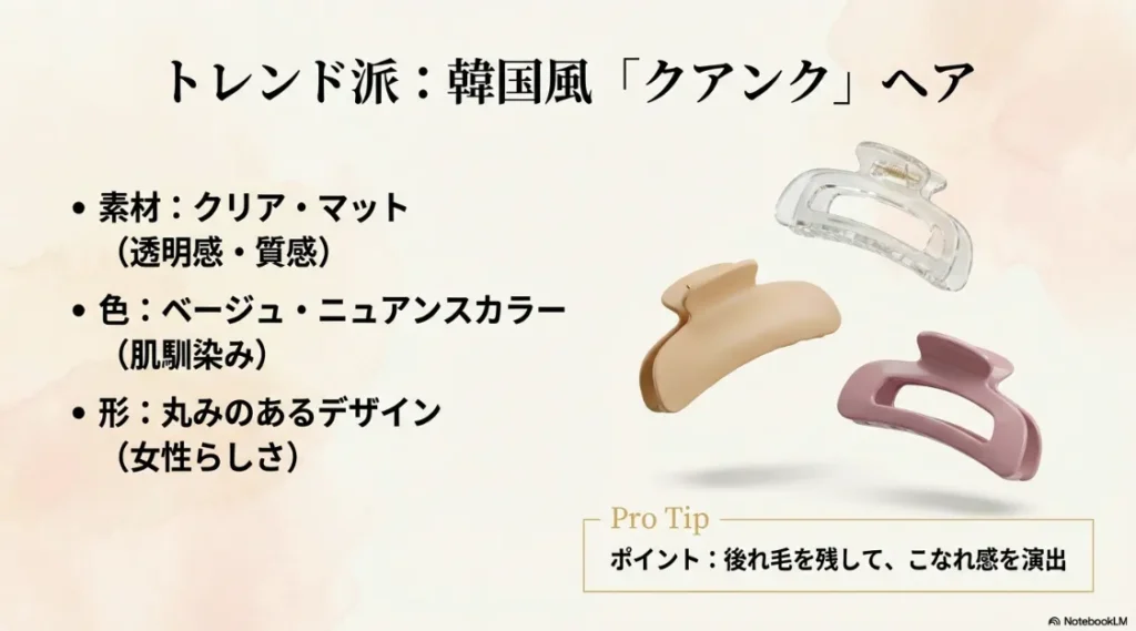韓国風クアンクヘアに合うクリア・マット素材やベージュカラーの選び方、後れ毛を出すコツの解説
