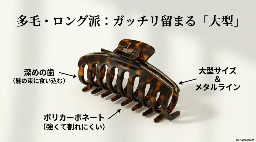 深めの歯とポリカーボネート素材、メタルラインを採用した多毛・ロングヘア向けの強力なヘアクリップの紹介