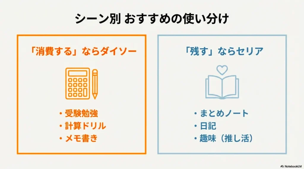 勉強やメモはダイソー、日記や趣味はセリアという用途別の推奨使い分け