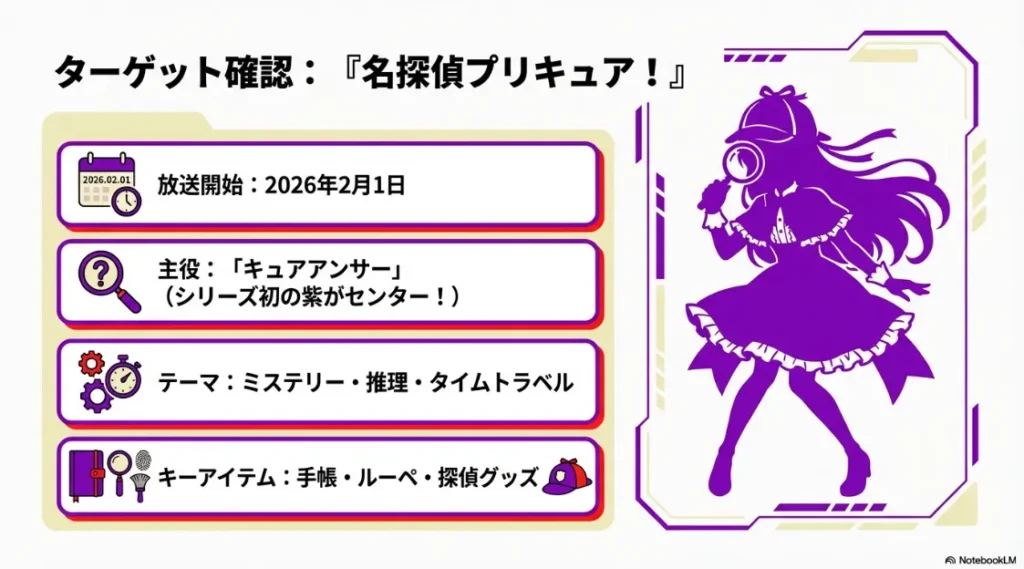 主役キュアアンサーやミステリー・推理といったテーマ紹介スライド